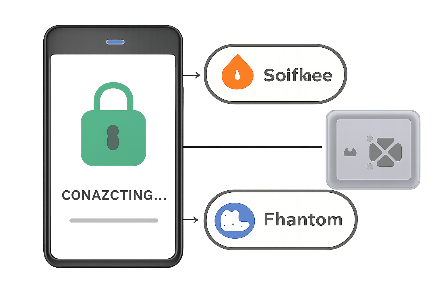 A Solana Saga phone with the Solflare and Phantom wallet logos, showing a connection to a secure vault