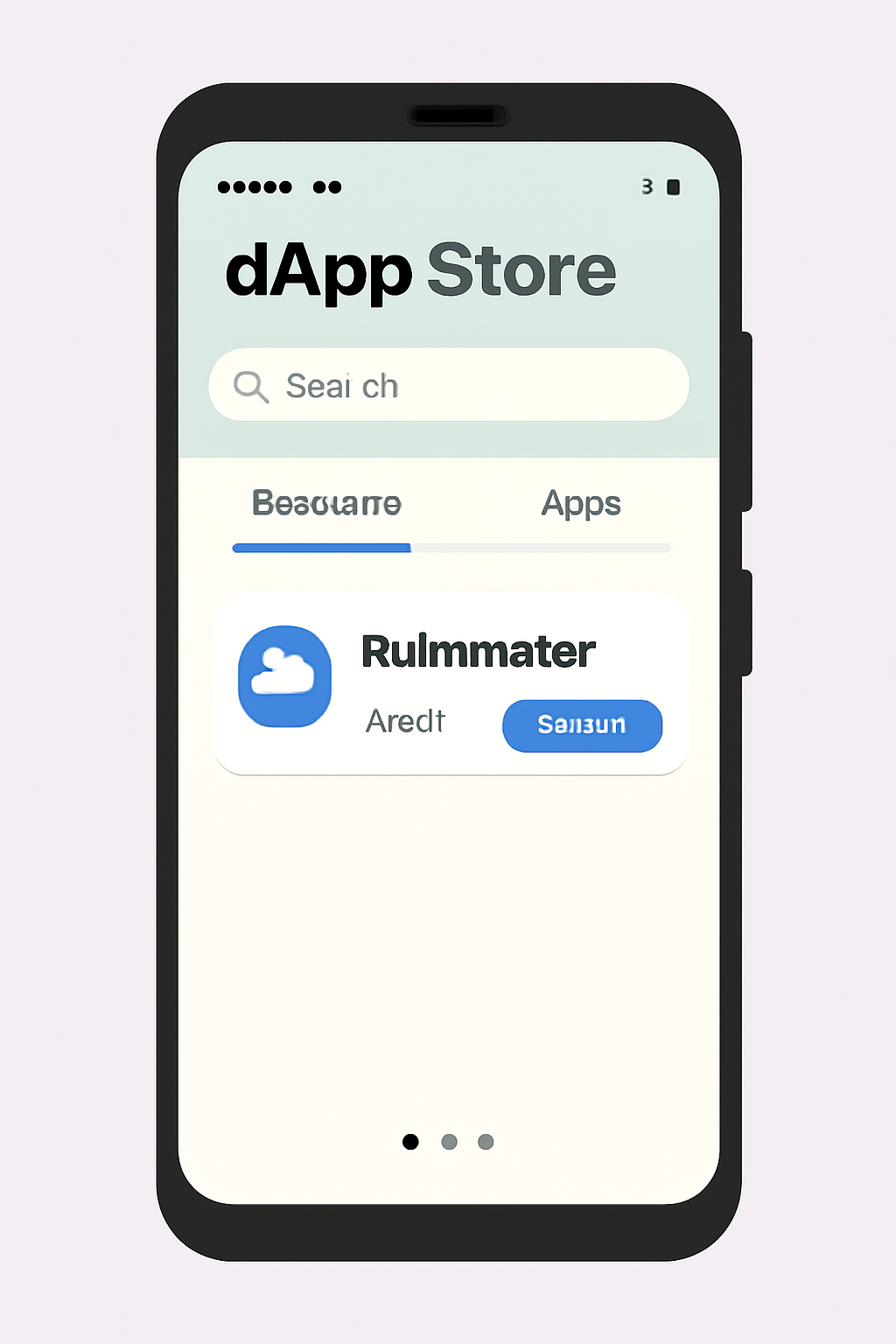 A Solana Saga phone displaying the dApp Store, with the Raiinmaker app highlighted and an install button visible