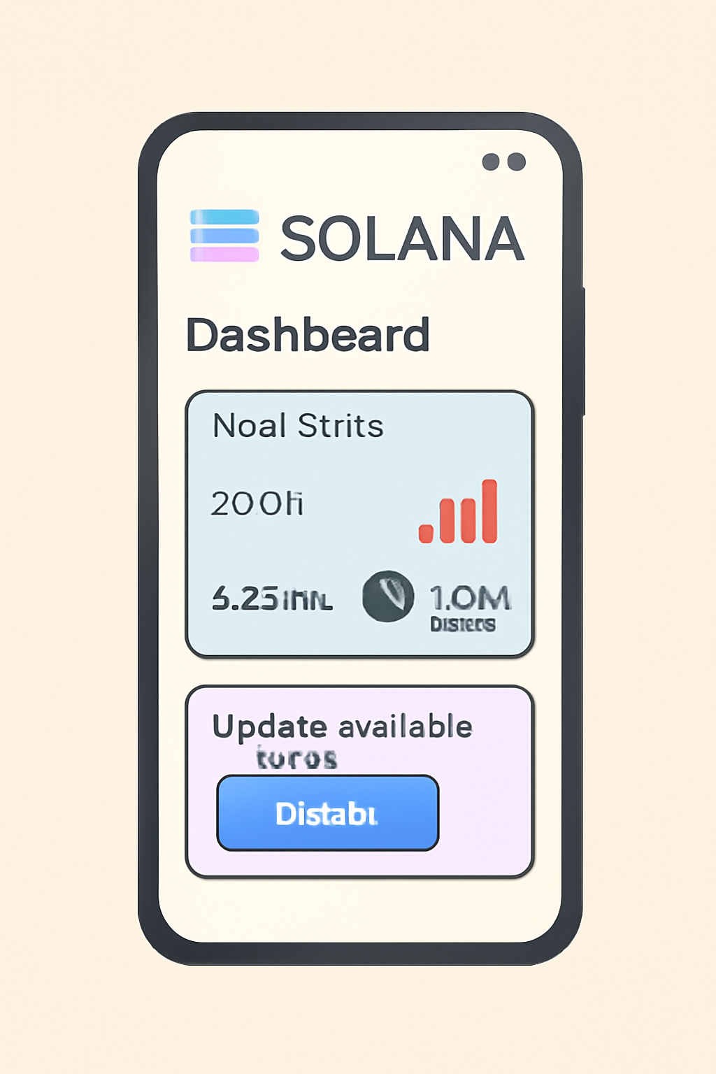 A Solana Saga phone displaying a dashboard with node performance stats and an update notification
