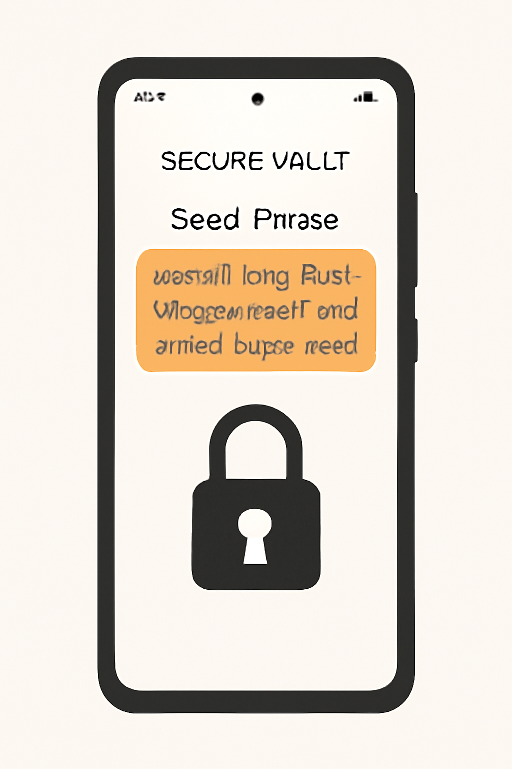 A Solana Saga phone displaying a secure vault interface, with a highlighted seed phrase and a lock icon, on a clean background