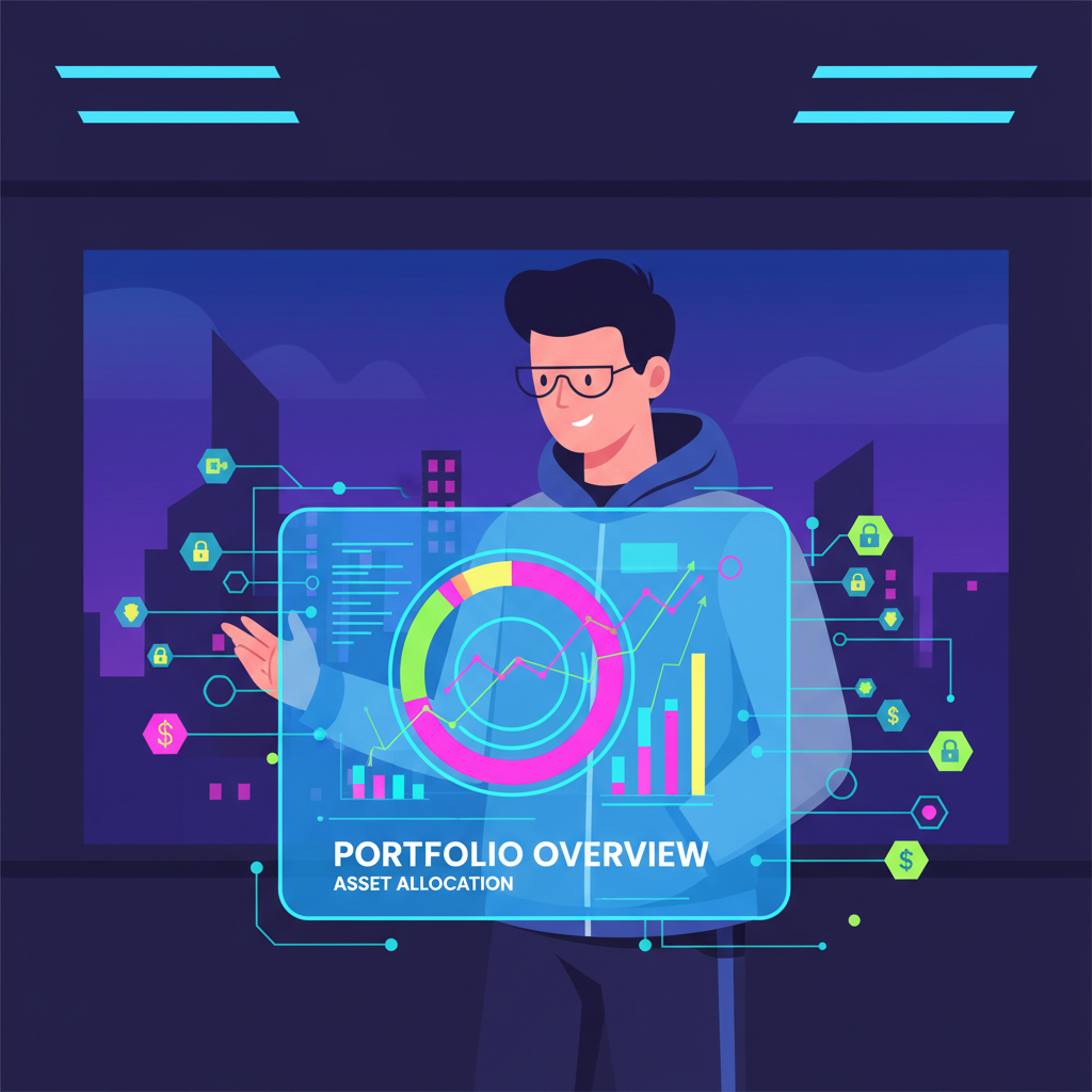crypto investor analyzing portfolio chart on holographic screen, futuristic blockchain interface, energetic neon colors