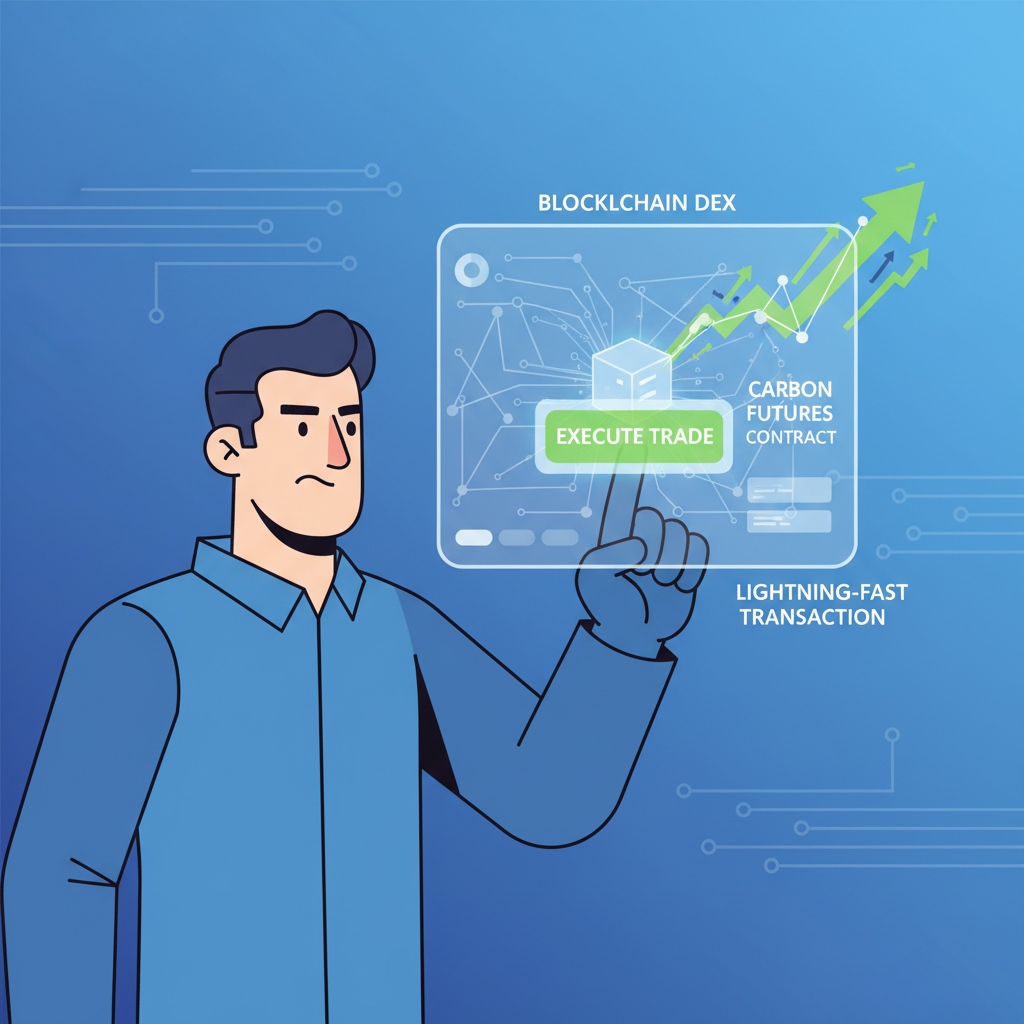 bold trader executing carbon futures trade on blockchain DEX, lightning-fast transaction graph, explosive green upward arrows