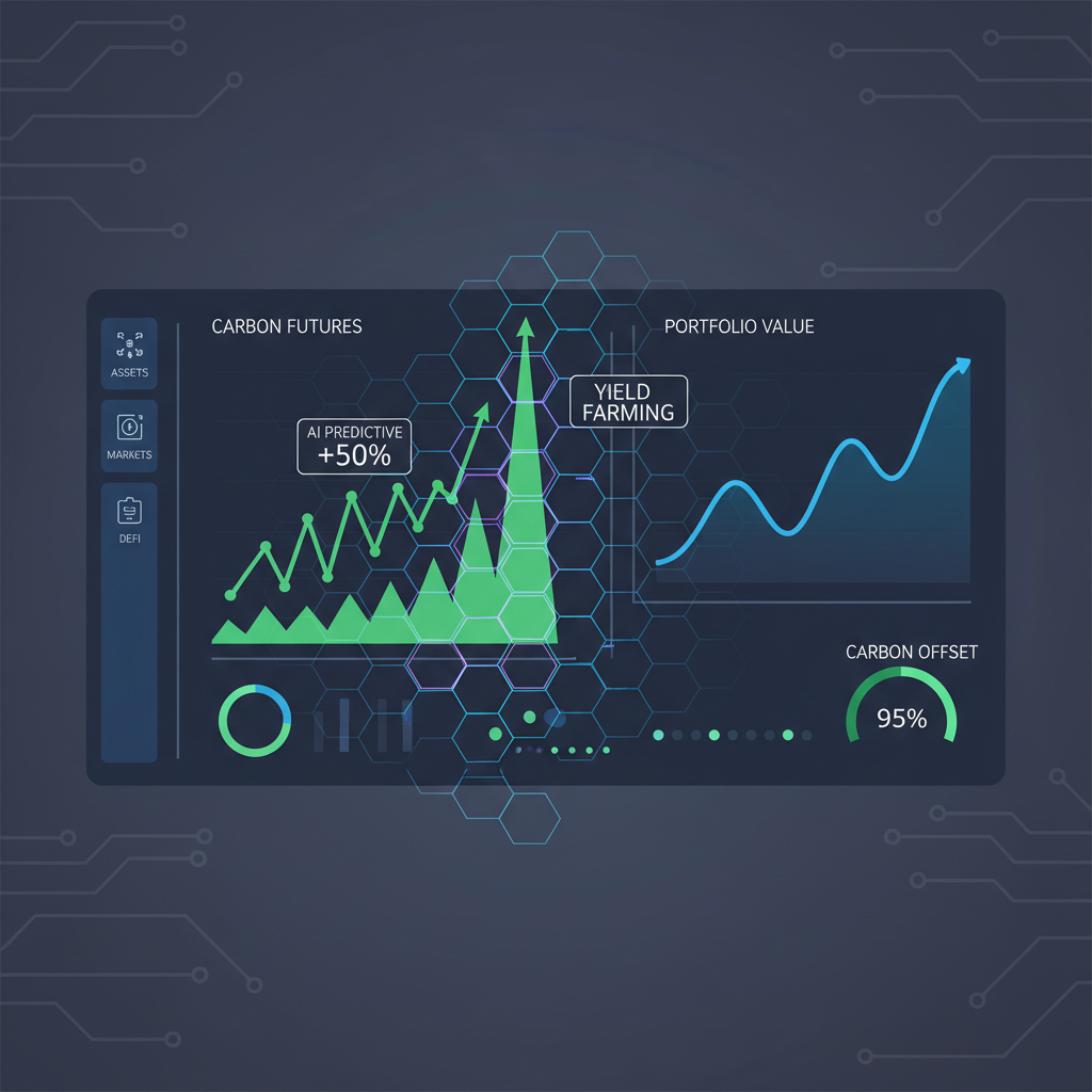 dashboard monitoring carbon futures portfolio, yield farming charts spiking, AI analytics overlay, dynamic futuristic UI