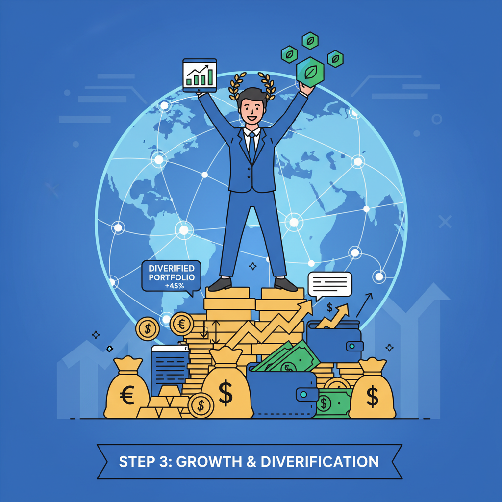 victorious investor celebrating diversified portfolio growth, tokenized carbon assets shining, blockchain earth globe background