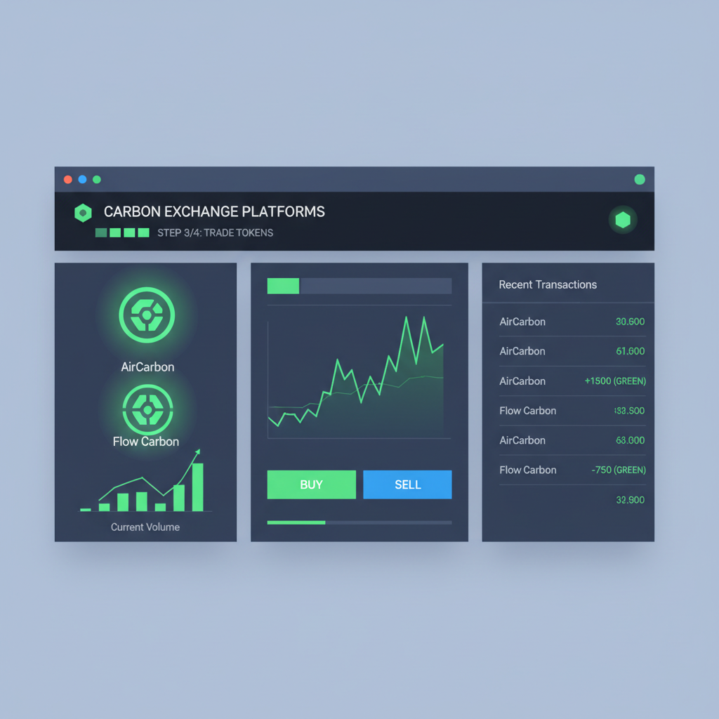 sleek blockchain platforms dashboard showing AirCarbon and Flow Carbon, carbon credit tokens glowing green, high-tech trading interface
