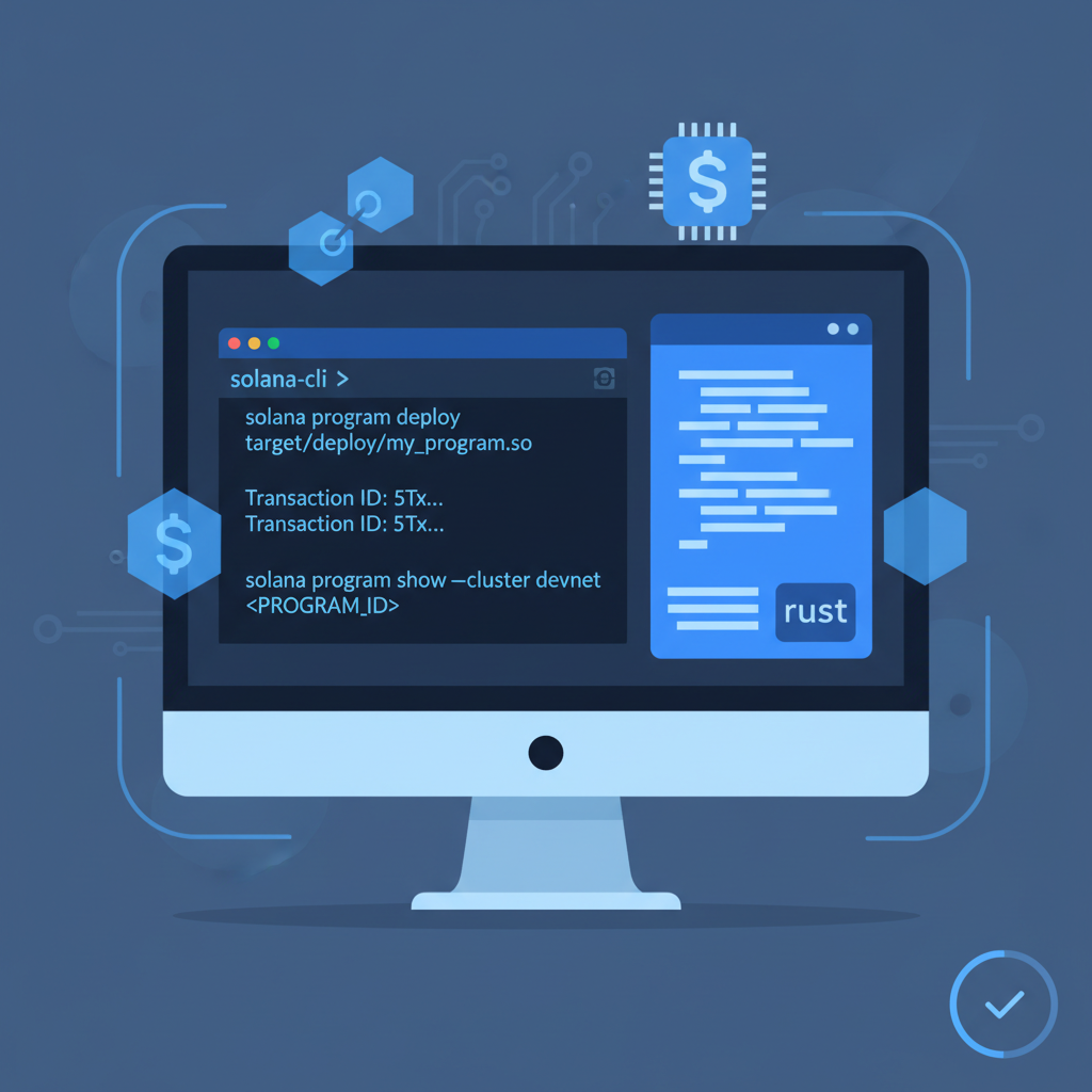 Solana CLI terminal setup with code editor, blockchain icons, blue futuristic theme