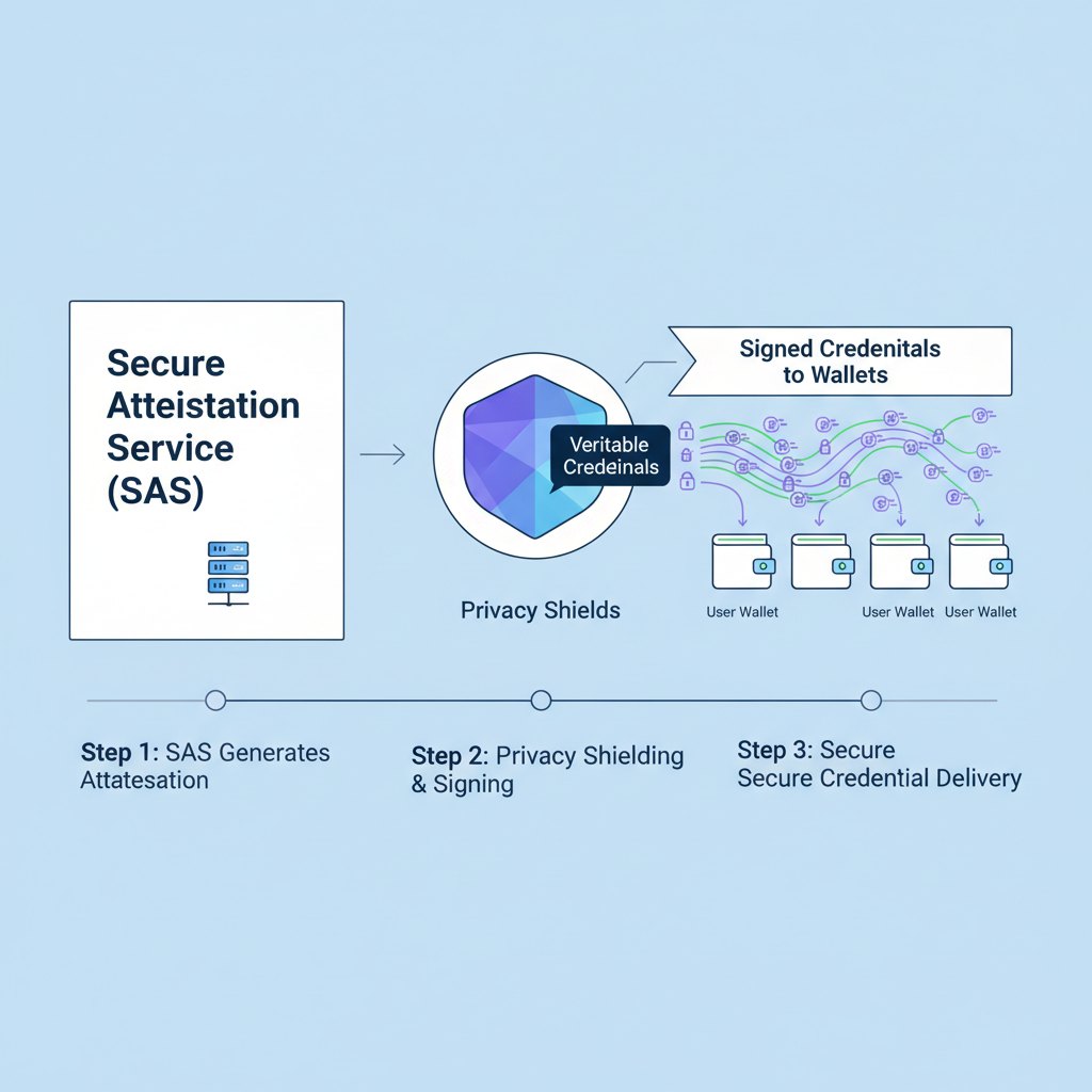 SAS attestation diagram on Solana network, signed credentials flowing to wallets, abstract privacy shields