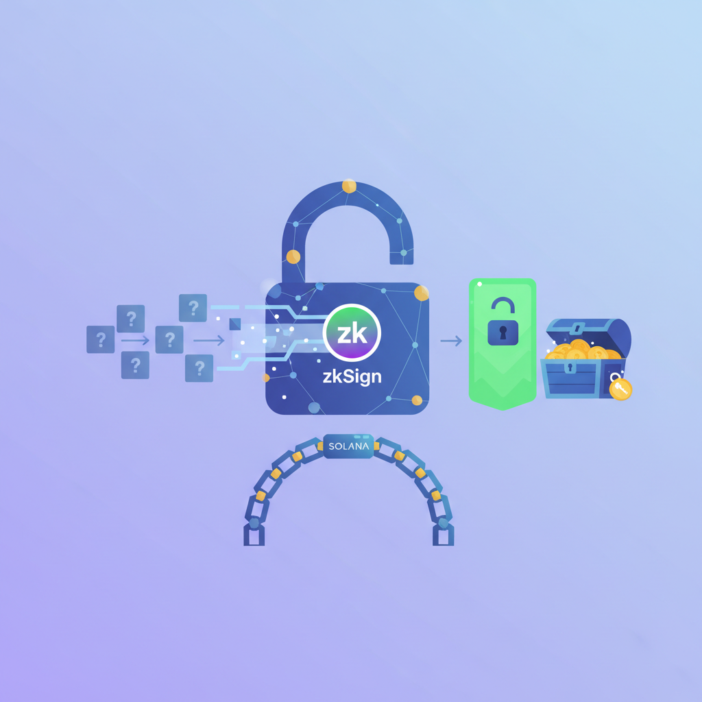 Zero-knowledge proof visualization, zkSign logo on Solana chain, locked data unlocking access