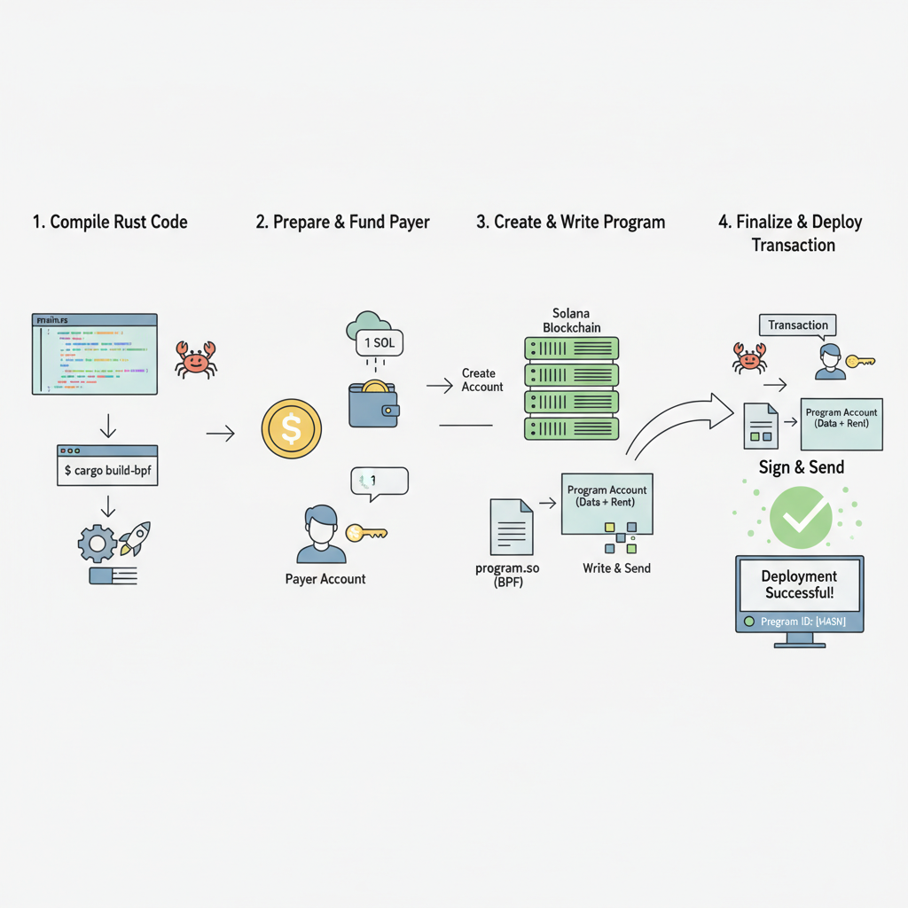 Rust code deploying smart contract to Solana, verifier logic flowchart, deployment success animation