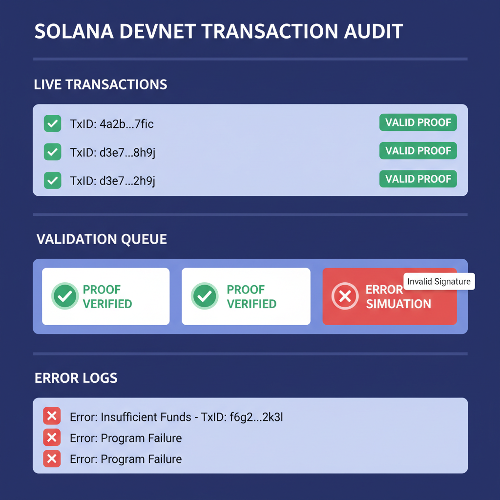 Testing dashboard with Solana devnet transactions, green checkmarks for valid proofs, error simulations
