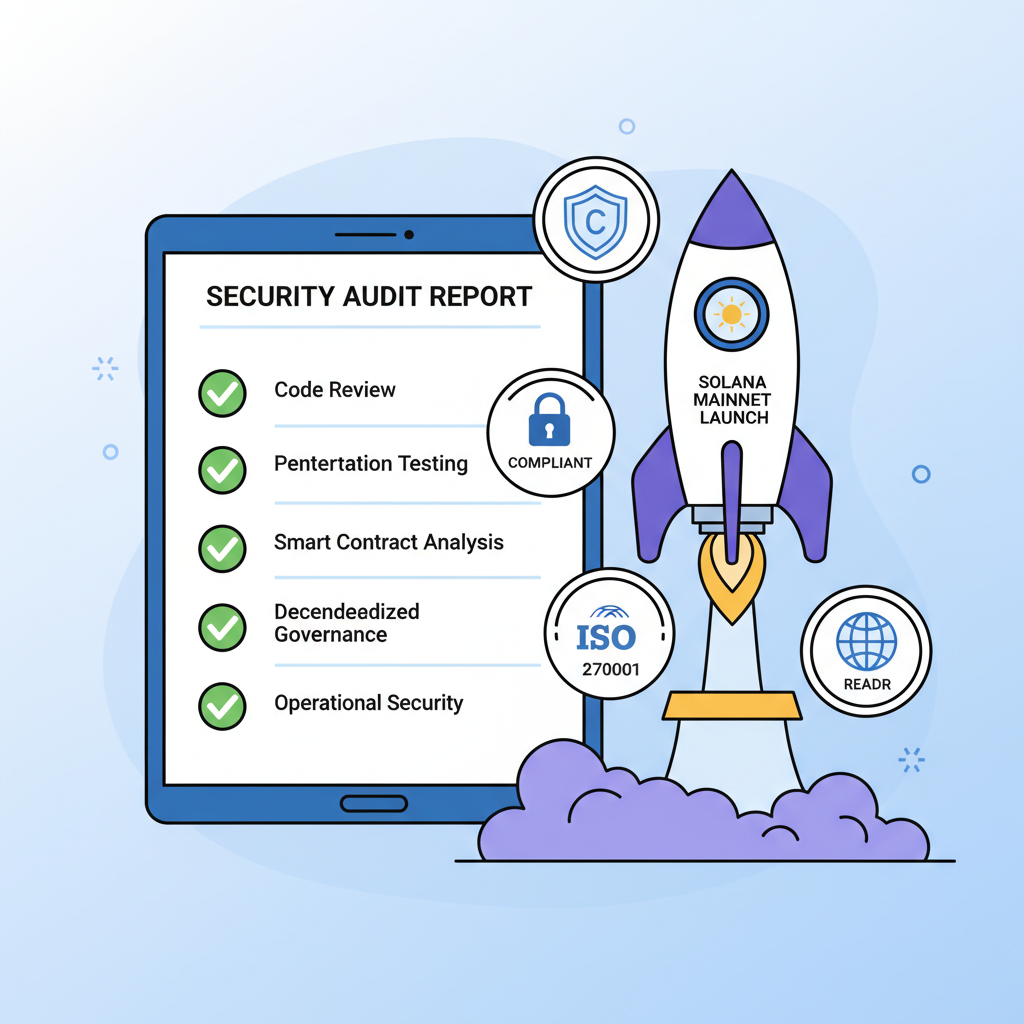Security audit report with checkmarks, Solana mainnet launch rocket, compliance badges