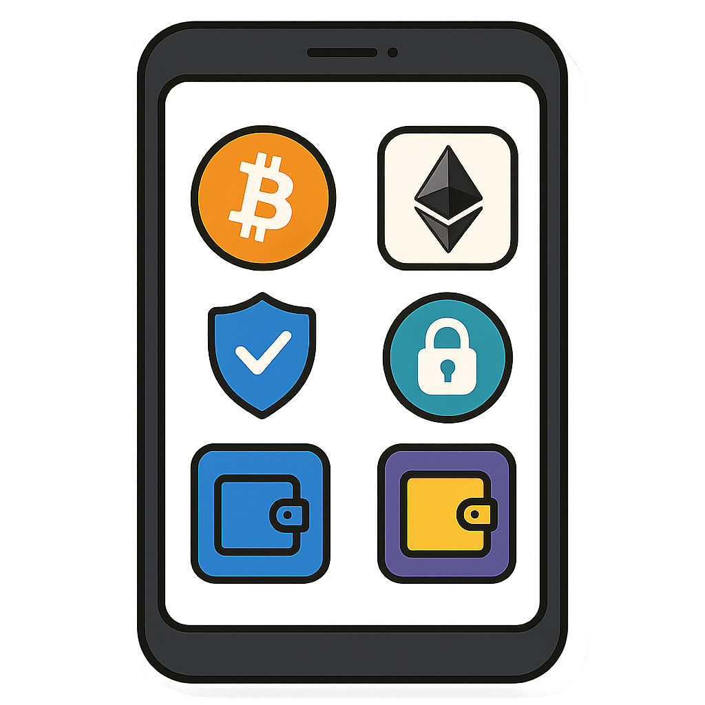 A smartphone displaying several popular crypto wallet app icons with security symbols
