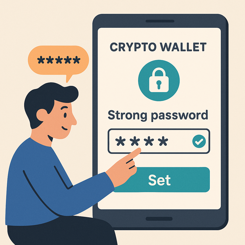 A user setting a strong password on a crypto wallet app interface