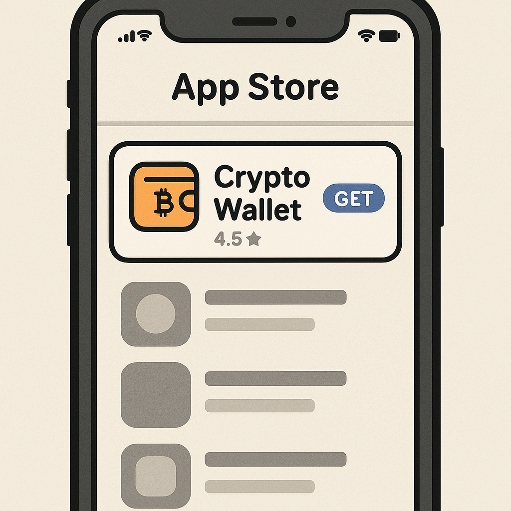 A phone screen showing an official app store with a crypto wallet app highlighted for download