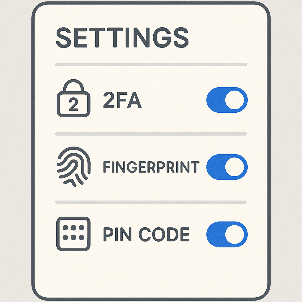A settings screen showing toggles for 2FA, fingerprint, and PIN code activation
