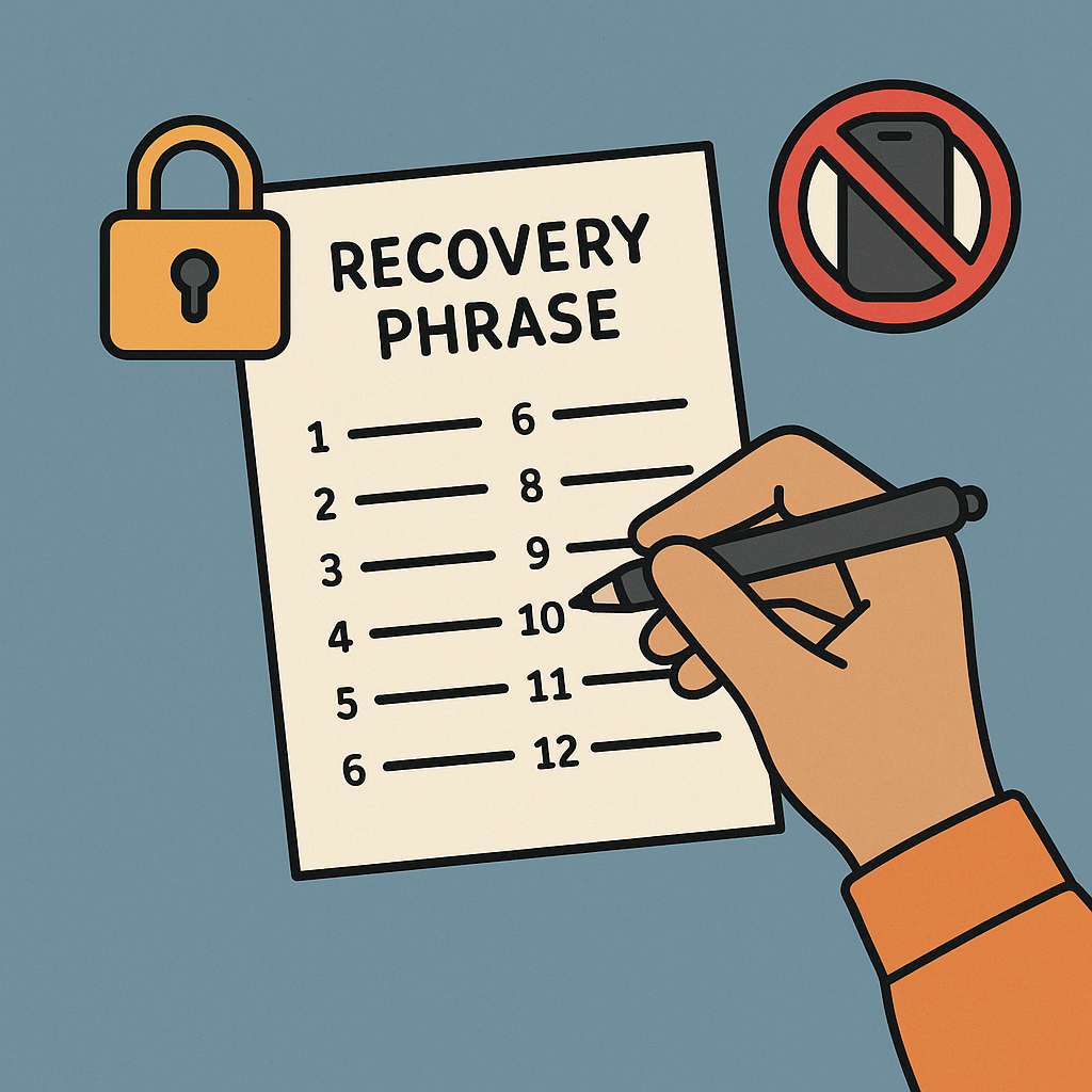 A hand writing a recovery phrase on paper, with a lock and no-phone symbol nearby