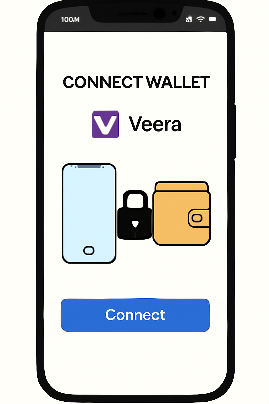 Saga phone screen showing wallet connection prompt to Veera app, secure lock icon