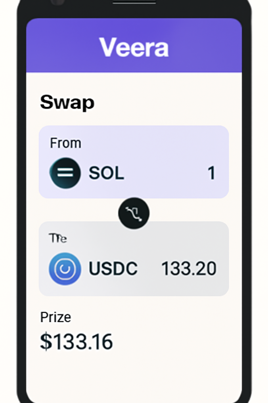 Veera app swap interface on Saga phone, SOL to USDC selected, price display $133.16