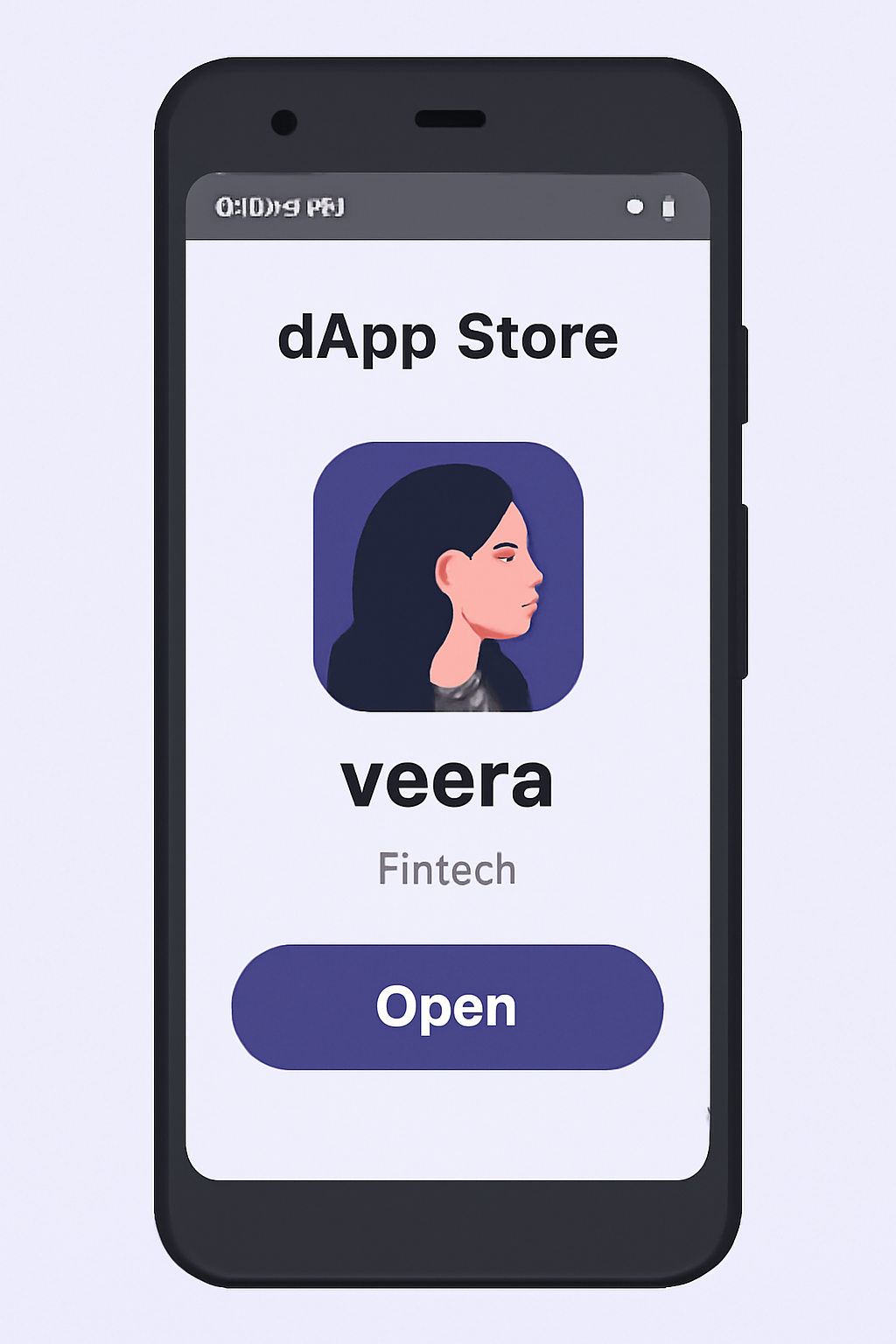 Solana Saga phone displaying Veera app icon in dApp store, modern crypto interface