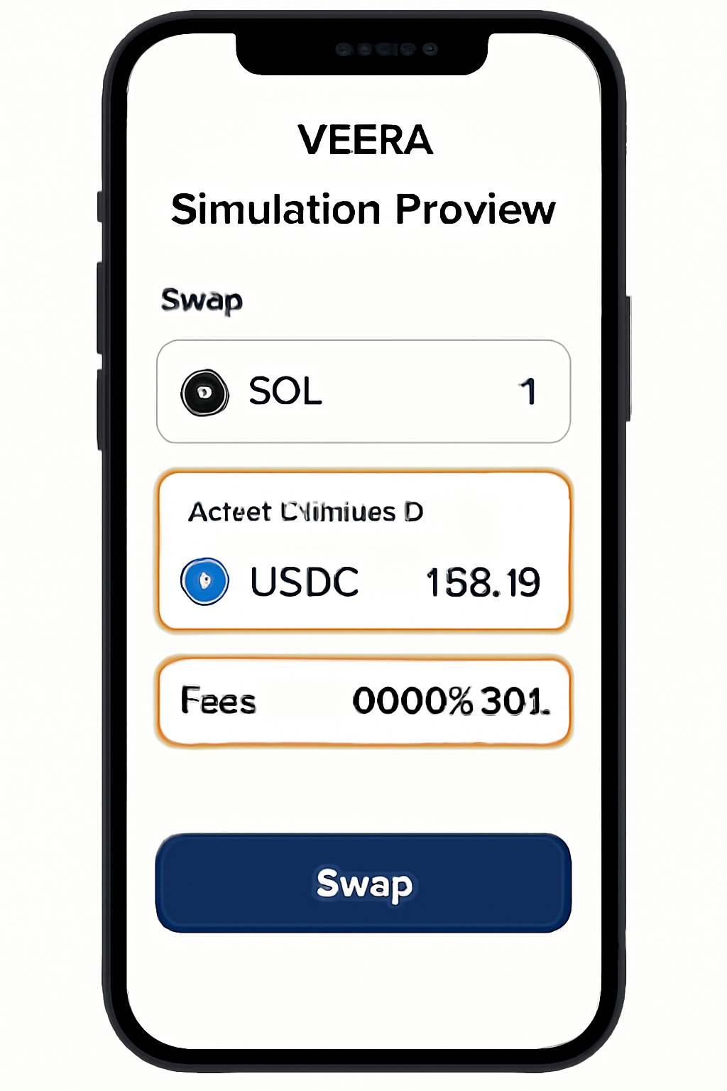 Veera simulation preview screen on phone, SOL swap details with fees and output highlighted