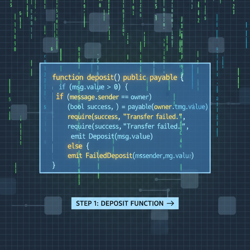 Solidity code snippet with if-else branches glowing on Ethereum blockchain, code rain matrix style