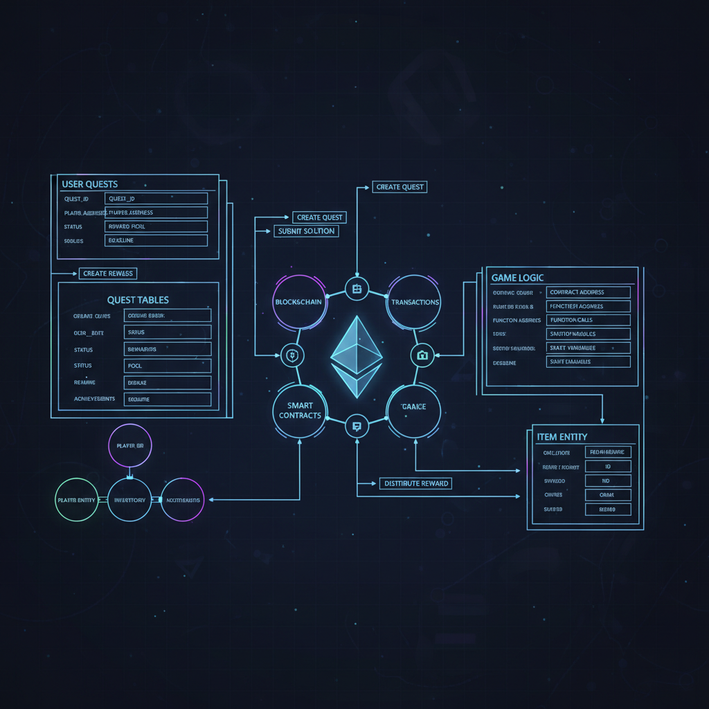 glowing Ethereum schema diagram with quest tables and entities, futuristic neon lines