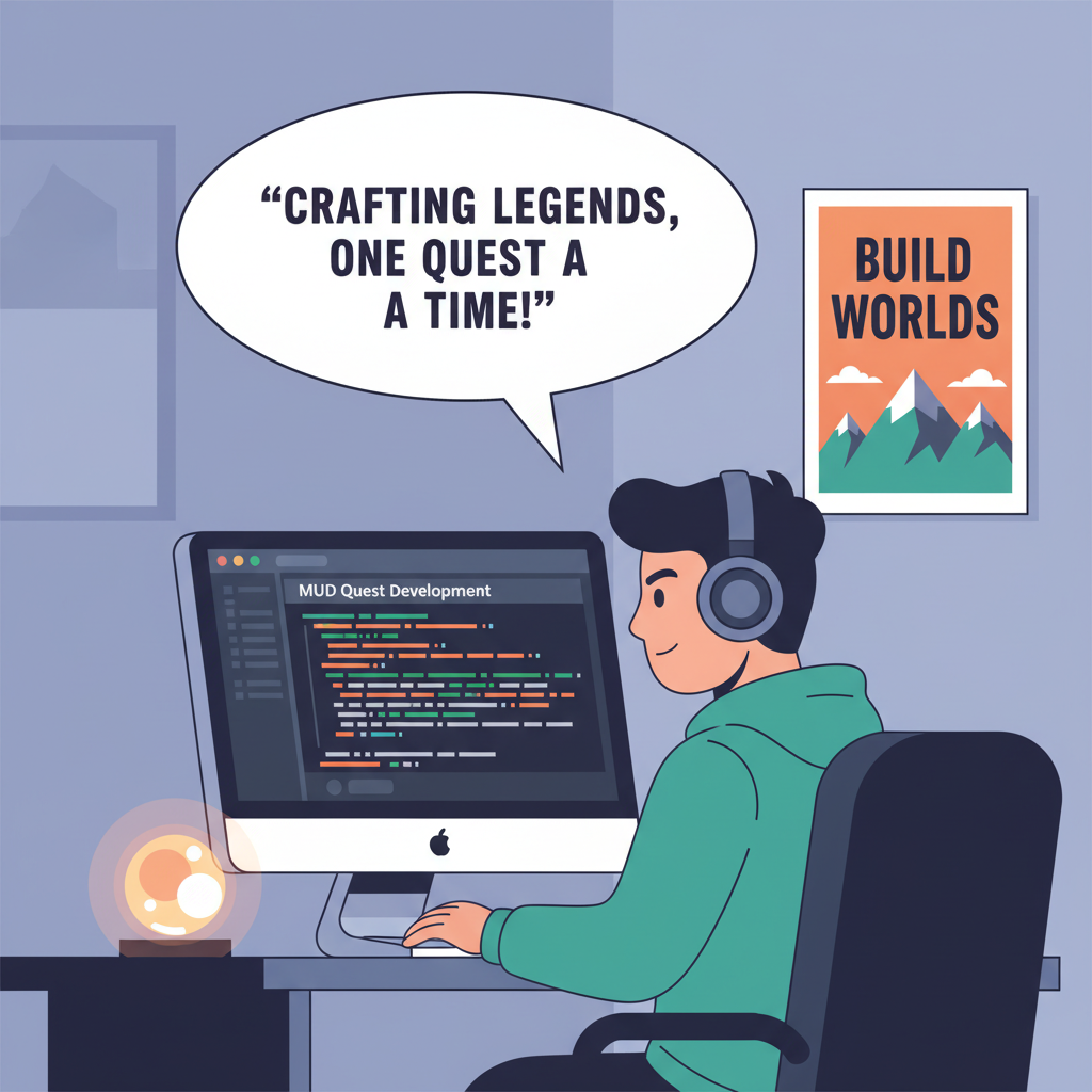 Developer at desk coding MUD quests, speech bubble with quote, inspired lighting, motivational poster