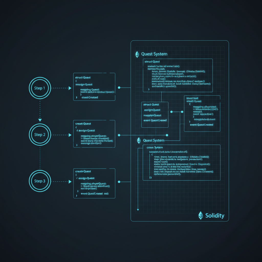 Solidity smart contract code for quest system, holographic display on dark background, tech blueprint