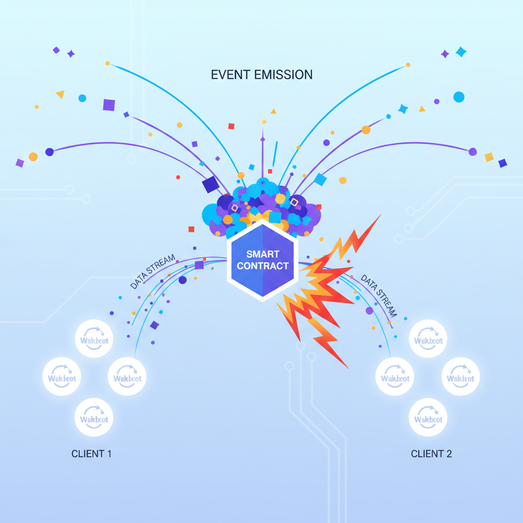 Event emission explosion from smart contract, particles flying to WebSocket icons, dynamic energy burst