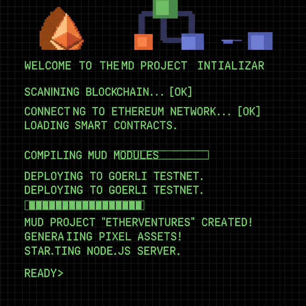 pixel art developer terminal initializing MUD project on Ethereum blockchain, retro game style