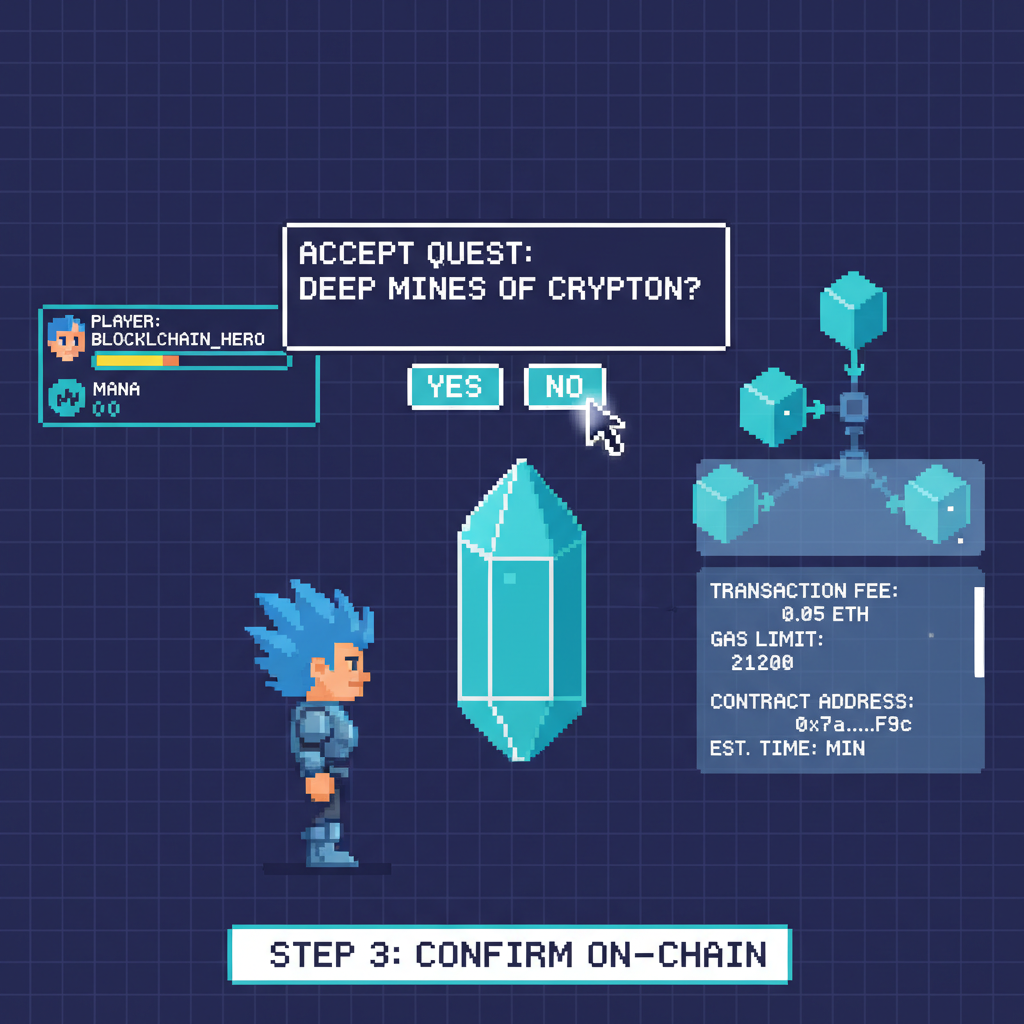 pixel art game screen showing player accepting on-chain quest HUD, blockchain elements