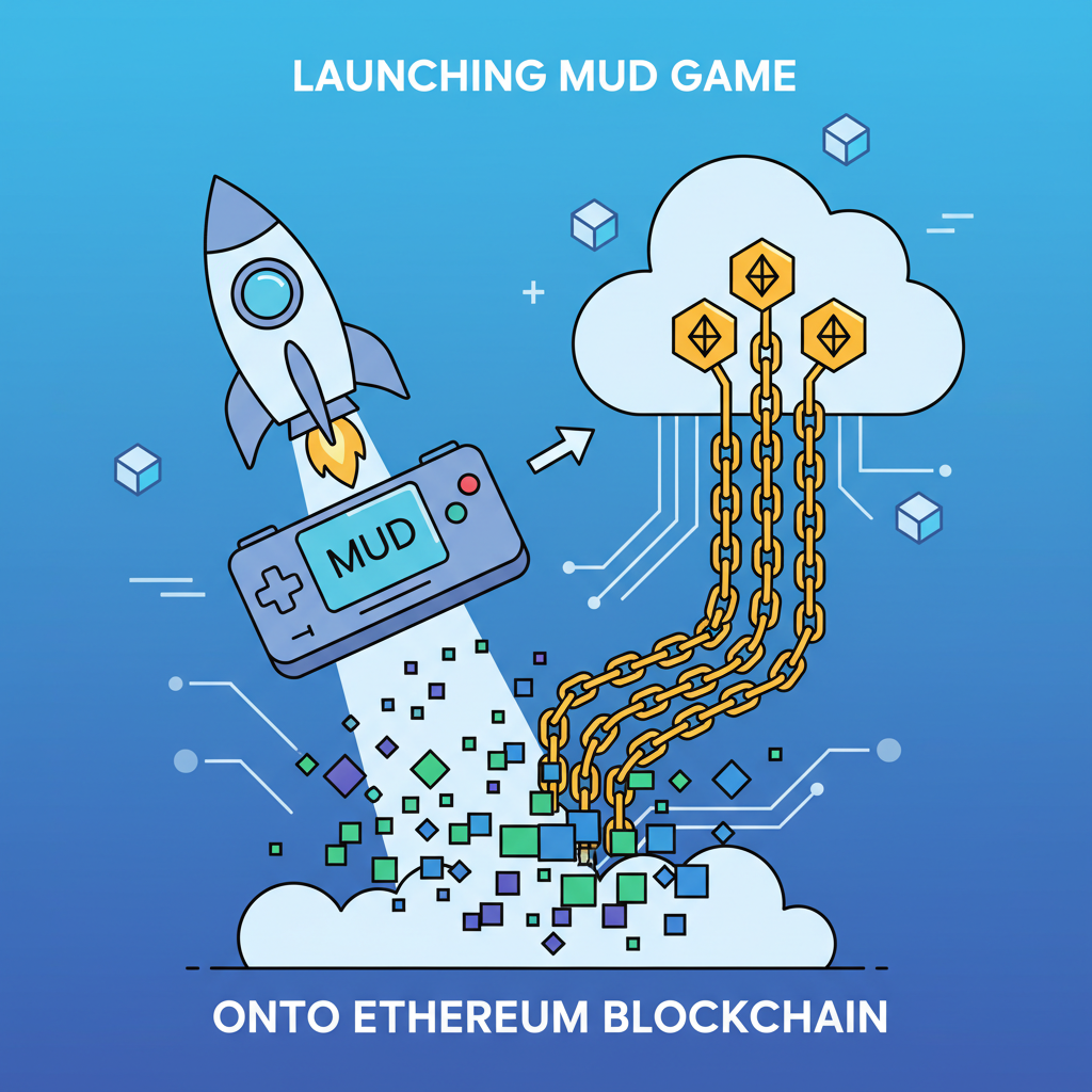 rocket launching MUD game to Ethereum blockchain, explosion of pixels and chains