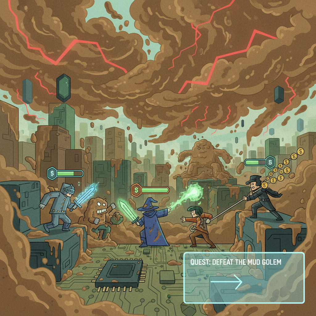 Apocalyptic mud storm on blockchain world, players questing together, dramatic fantasy game scene