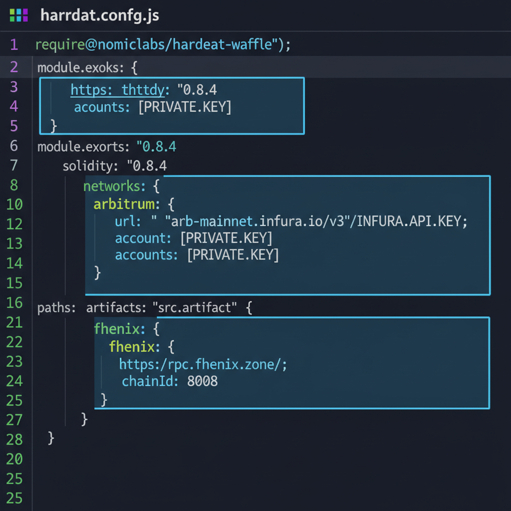 hardhat.config.js code snippet highlighting Arbitrum network config, network bridge graphic