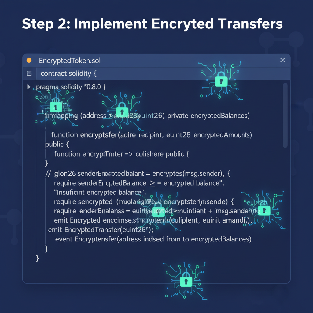 Solidity code with euint256 encrypted transfers in VS Code, glowing encryption symbols