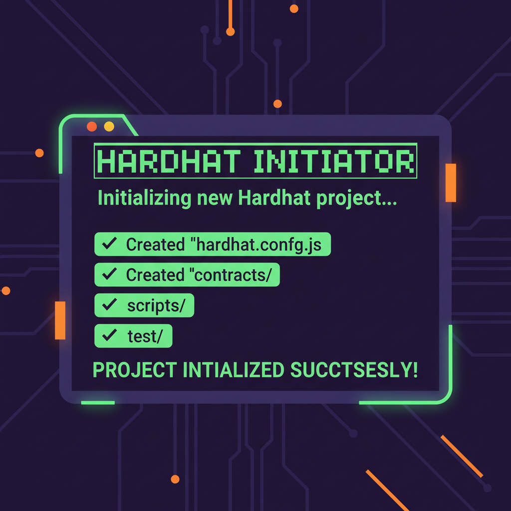 sleek terminal initializing Hardhat project with success message, dark mode, futuristic glow