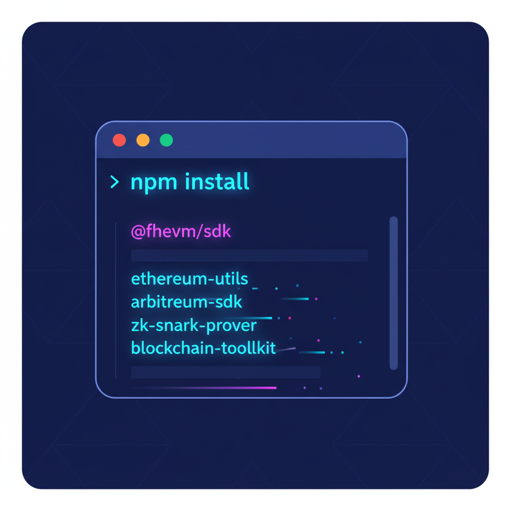 npm install command in terminal with packages like fhevm and arbitrum sdk scrolling, neon glow