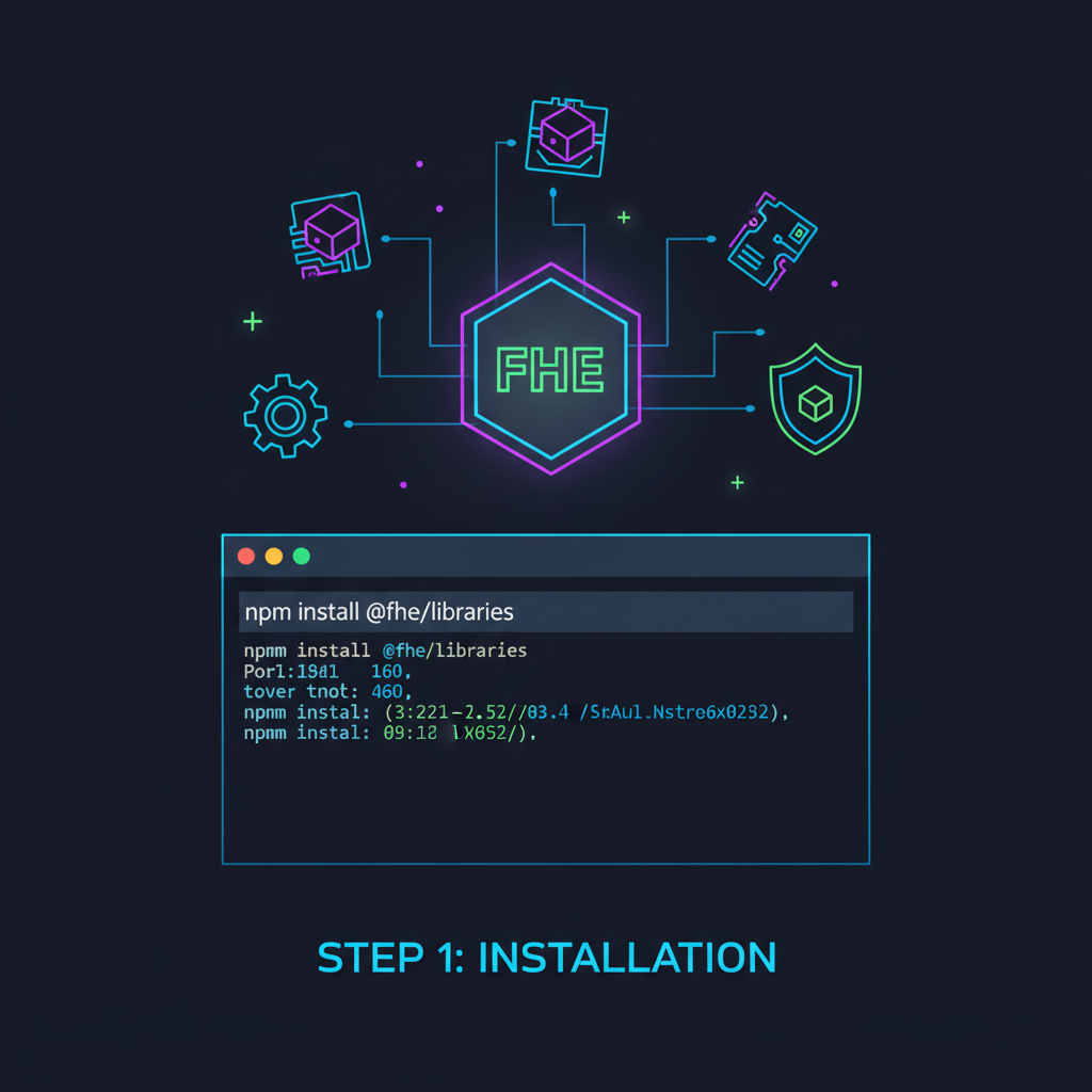 npm install command in terminal installing FHE libraries, package icons floating, cyberpunk style