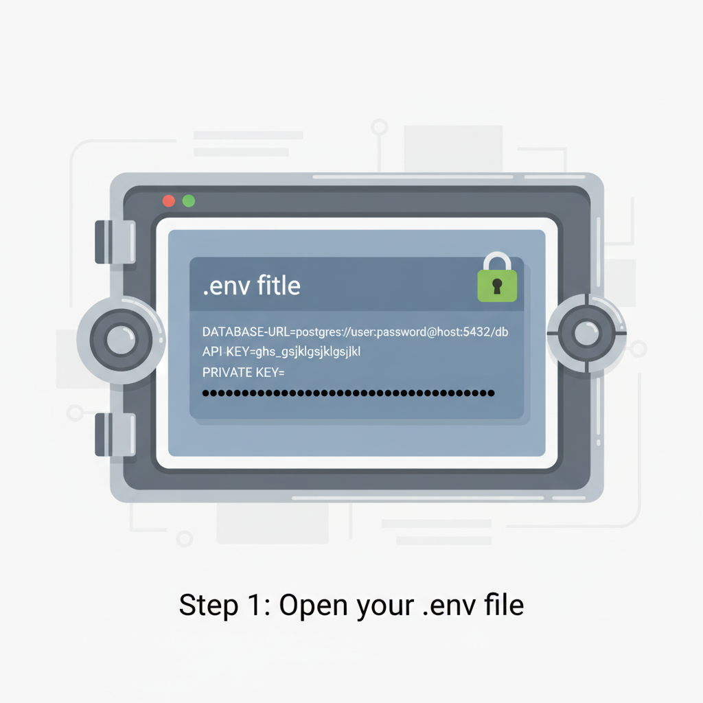.env file open with PRIVATE_KEY masked, secure vault aesthetic