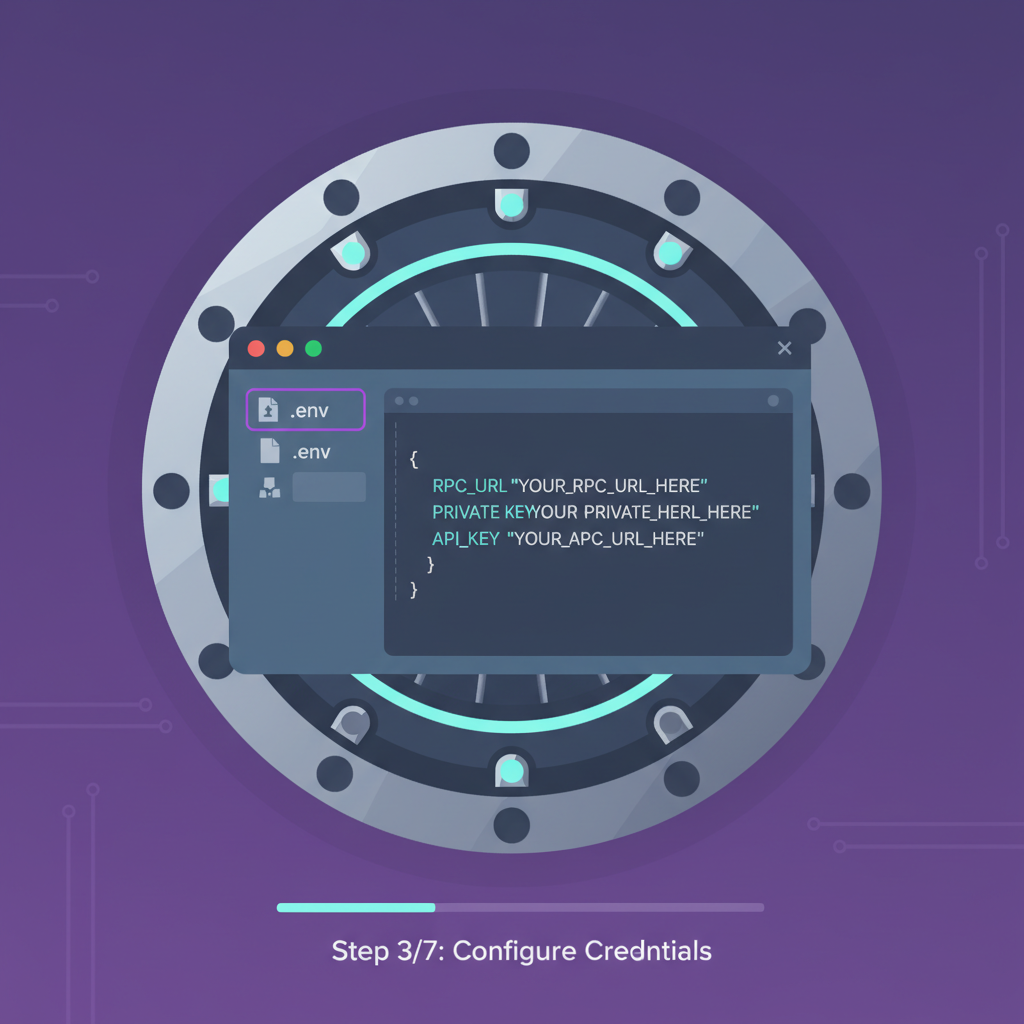 code editor with .env file open showing RPC and private key placeholders, secure vault aesthetic