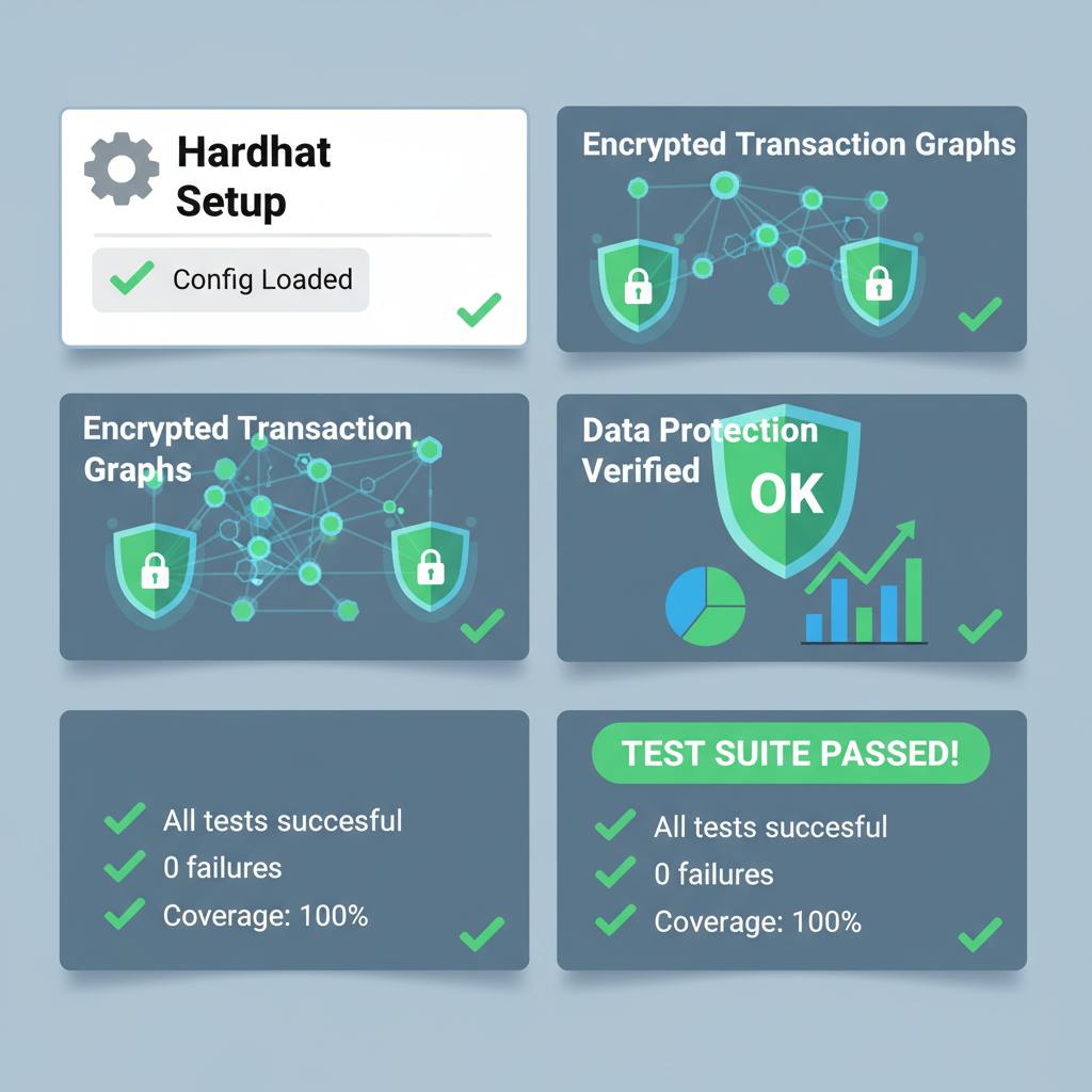 Hardhat test suite passing with encrypted transaction graphs, shield icons protecting data
