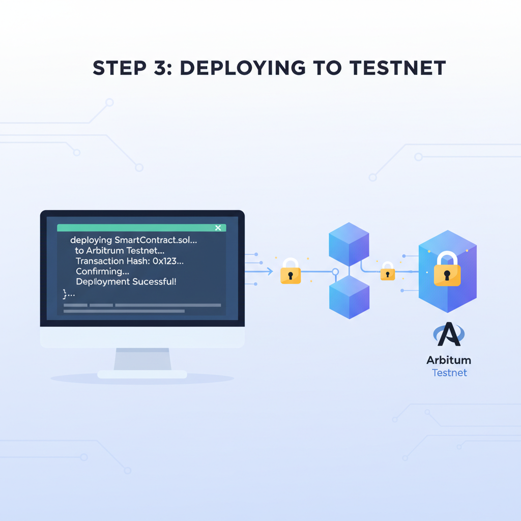 terminal deploying smart contract to Arbitrum testnet, blockchain blocks connecting with encryption locks