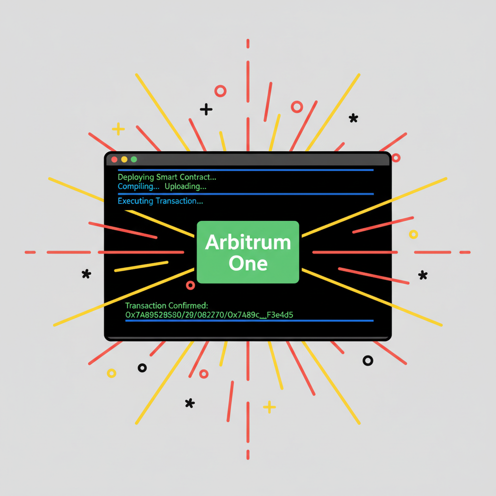 deployment script running in terminal, transaction hash confirming on Arbitrum, explosive launch visual
