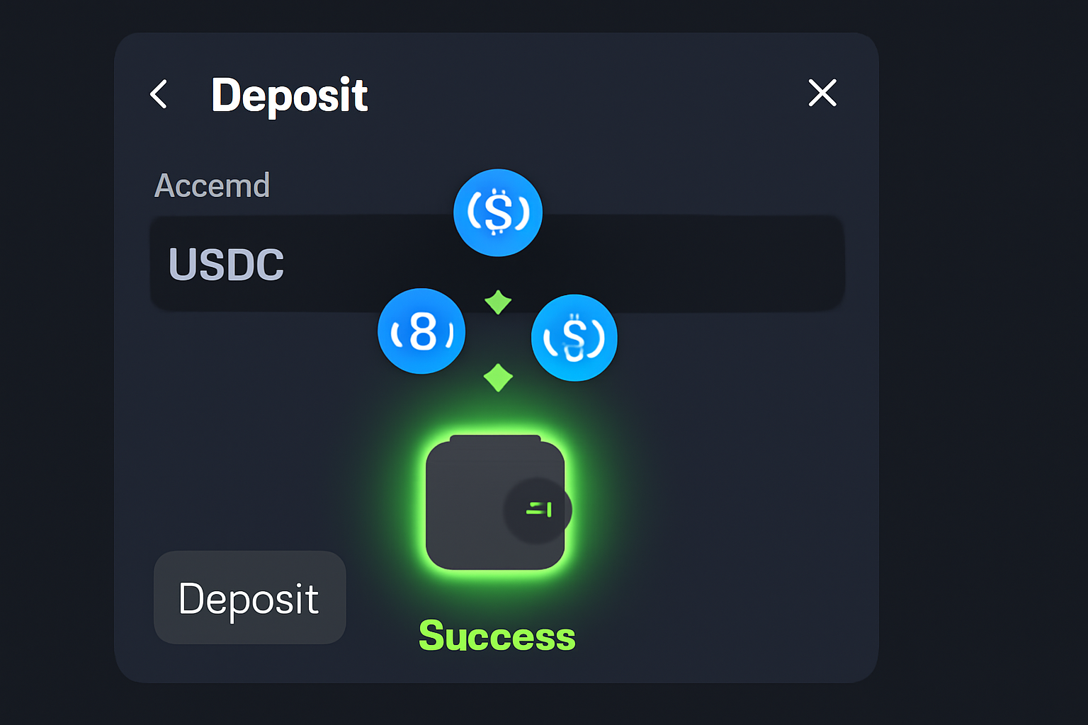 trading interface deposit USDC screen, USDC tokens flowing into wallet, glowing green success animation, dark mode DEX UI --ar 16:9