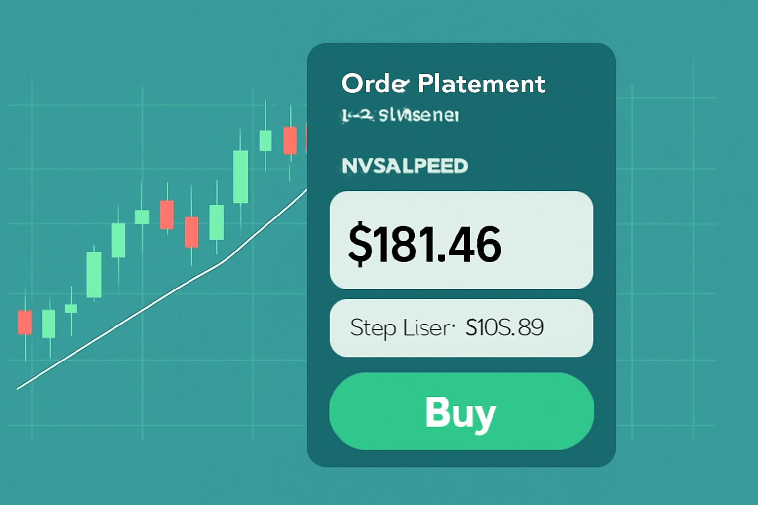 order placement UI 5x leverage long NVDA-PERP at $181.46, stop loss $179.99 marked, green buy button pulsing, dynamic chart background --ar 16:9