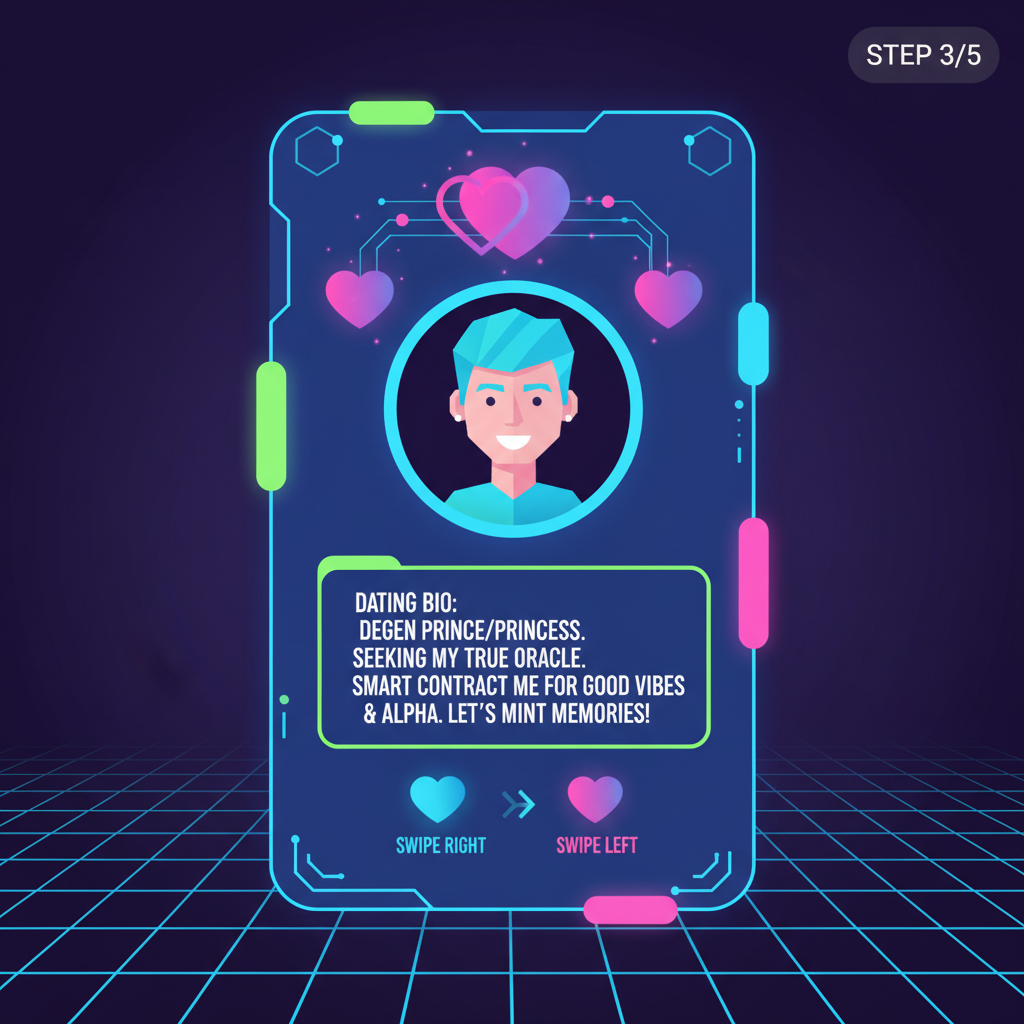 vibrant NFT profile card with dating bio, heart icons, blockchain glow, futuristic UI
