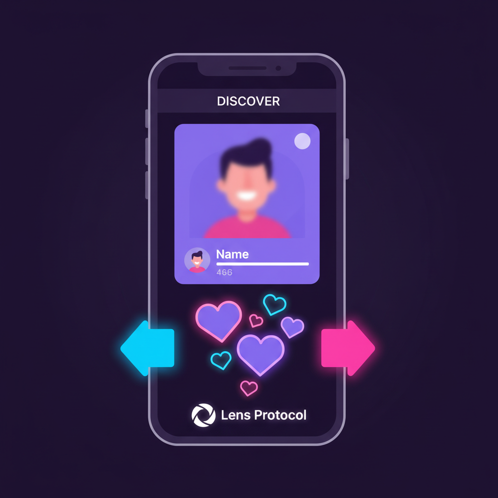 mobile swipe interface on dating app, left right arrows glowing, Lens Protocol logo, neon hearts
