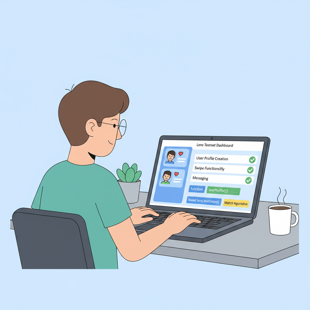 developer testing dating app on laptop, Lens testnet dashboard, green checkmarks, code snippets