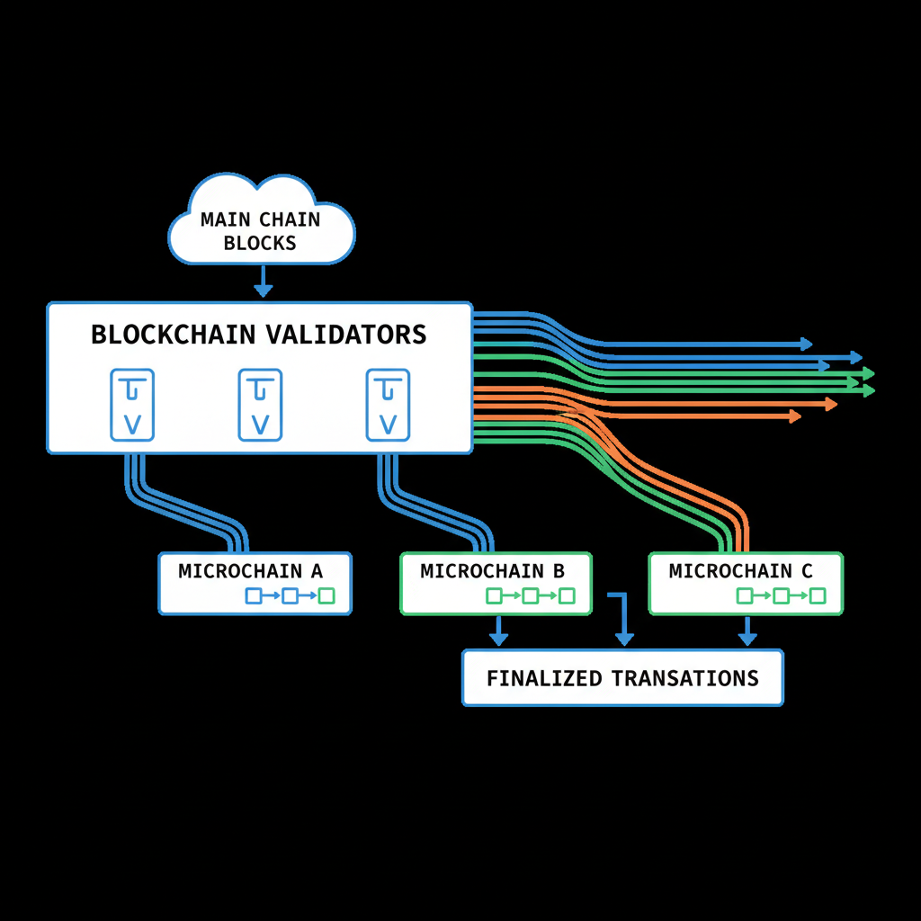 diagram of blockchain validators running multiple parallel microchains, clean technical illustration