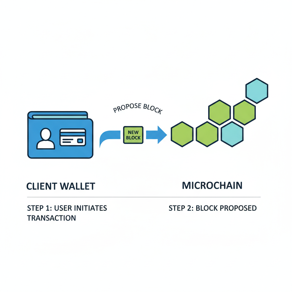 user wallet proposing block to microchain, arrow flow from client to chain